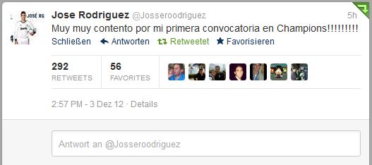 José Rodríguez freut sich via Twitter über seine Berufung in den Champions-League-Kader