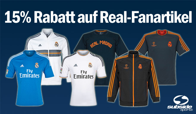 15 Prozent Rabatt auf alle Trikots und Fanartikel von Real Madrid 15 Prozent Rabatt auf alle Trikots und Fanartikel von Real Madrid