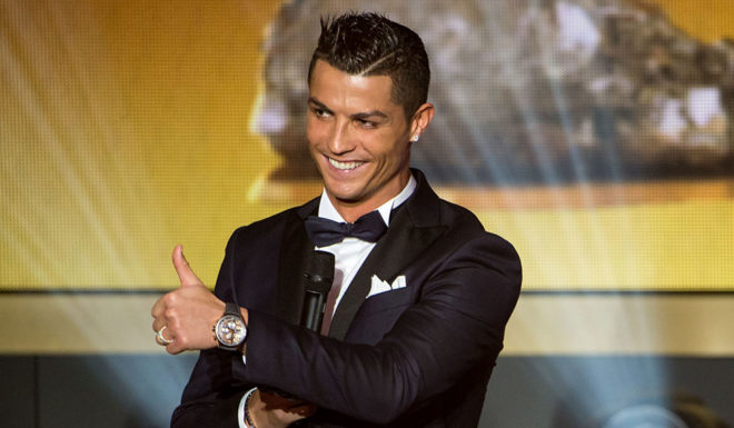 ZURICH, SWITZERLAND - JANUARY 11: FIFA Ballon d'Or nominee Cristiano Ronaldo of Portugal and Real Madrid and presenter Kate Abdo look on during the FIFA Ballon d'Or Gala 2015 at the Kongresshaus on January 11, 2016 in Zurich, Switzerland. (Photo by Philipp Schmidli/Getty Images)