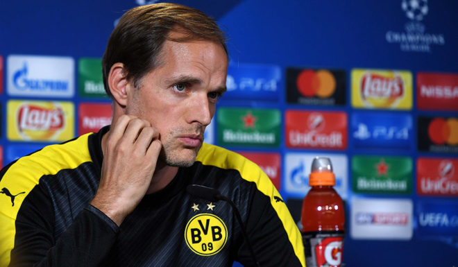 Dortmund's head coach Thomas Tuchel attends a press conference in Dortmund, western Germany, on September 26, 2016, on the eve of the Champions League first leg football match between Borussia Dortmund and Real Madrid. / AFP / PATRIK STOLLARZ (Photo credit should read PATRIK STOLLARZ/AFP/Getty Images)