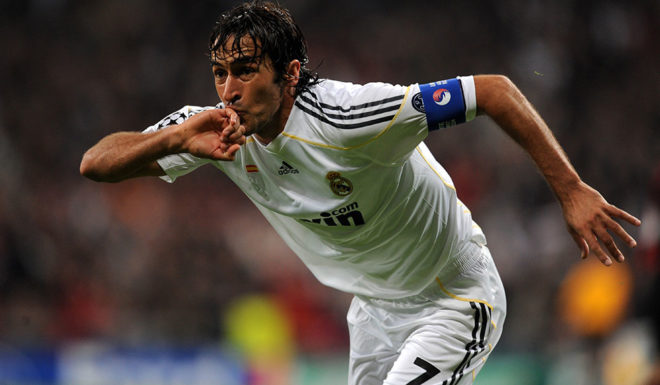 Real Madrid's captain Raul Gonzalez celebrates after scoring a goal against A.C. Milan during a Champions league group C football match at the Santiago Bernabeu stadium in Madrid on October 21, 2009. AFP PHOTO/JAVIER SORIANO. (Photo credit should read JAVIER SORIANO/AFP/Getty Images)