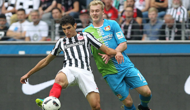 Frankfurt's Spanish defender Jesus Vallejo (L) and Leverkusen's midfielder Julian Brandt vie for the ball during the German first division Bundesliga football match of Eintracht Frankfurt vs Bayer 04 Leverkusen in Frankfurt am Main, western Germany, on September 17, 2016. / AFP / DANIEL ROLAND / RESTRICTIONS: DURING MATCH TIME: DFL RULES TO LIMIT THE ONLINE USAGE TO 15 PICTURES PER MATCH AND FORBID IMAGE SEQUENCES TO SIMULATE VIDEO. == RESTRICTED TO EDITORIAL USE == FOR FURTHER QUERIES PLEASE CONTACT DFL DIRECTLY AT + 49 69 650050 (Photo credit should read DANIEL ROLAND/AFP/Getty Images)