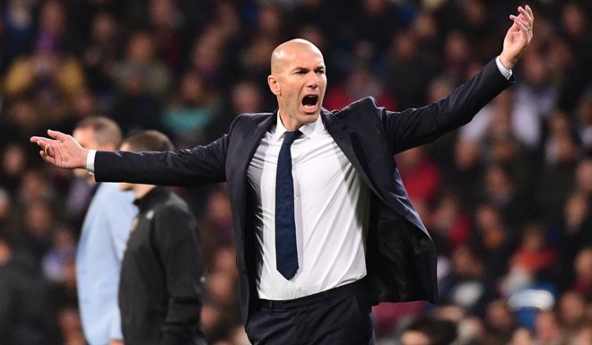 Real Madrid's French coach Zinedine Zidane gestures during the Spanish league football match Real Madrid CF vs RC Deportivo at the Santiago Bernabeu stadium in Madrid on December 10, 2016. / AFP / PIERRE-PHILIPPE MARCOU (Photo credit should read PIERRE-PHILIPPE MARCOU/AFP/Getty Images)