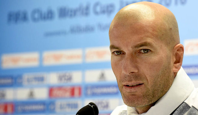 Real Madrid's head coach French Zinedine Zidane attends at a press conferene before their traning in Yokohama on December 14, 2016, ahead of their Club World Cup football match against Club America of Mexico on December 15. / AFP / TORU YAMANAKA (Photo credit should read TORU YAMANAKA/AFP/Getty Images)