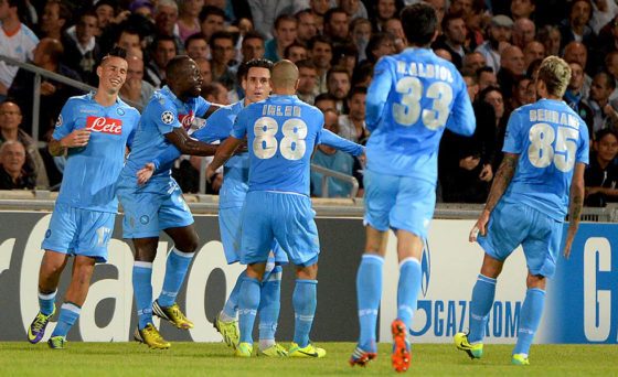 Napoli's Spanish forward Jose Maria Callejon (3rd L) jubilates after scoring against Marseille on October 22, 2013 during a UEFA Champion's league Group F football match at the Velodrome stadium in the southern French city of Marseille. AFP PHOTO / BORIS HORVAT (Photo credit should read BORIS HORVAT/AFP/Getty Images)