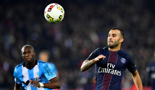 Paris Saint-Germain's Spain's forward Rodriguez Jese (R) eyes the ball next to Olympique de Marseille's French defender Baptiste Aloe during the French L1 football match between Paris Saint-Germain and Olympique of Marseille at the Parc des Princes stadium in Paris on October 23, 2016. / AFP / FRANCK FIFE (Photo credit should read FRANCK FIFE/AFP/Getty Images)