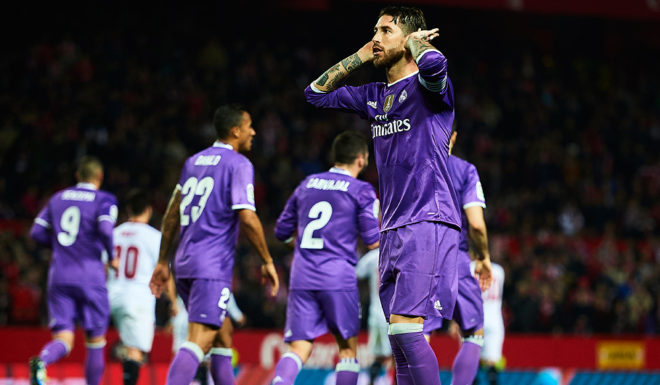 SEVILLE, SPAIN - JANUARY 12: Sergio Ramos of Real Madrid CF celebrates after scoring the second goal of Real Madrid CF with his team mates during the Copa del Rey Round of 16 Second Leg match between Sevilla FC vs Real Madrid CF at Ramon Sanchez Pizjuan stadium on January 12, 2017 in Seville, Spain. (Photo by Aitor Alcalde/Getty Images)