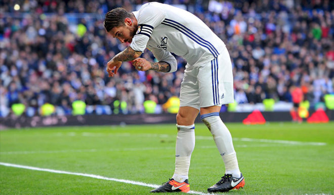 MADRID, SPAIN - JANUARY 21: Sergio Ramos of Real Madrid celebrates after scoring his team's 1st goal during the La Liga match between Real Madrid CF and Malaga CF at the Bernabeu on January 21, 2017 in Madrid, Spain. (Photo by Denis Doyle/Getty Images)