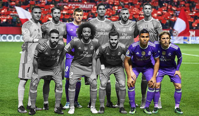 SEVILLE, SPAIN - JANUARY 15: Team of Real Madrid CF pose for a picture during the La Liga match between Sevilla FC and Real Madrid CF at Estadio Ramon Sanchez Pizjuan on January 15, 2017 in Seville, Spain. (Photo by Aitor Alcalde/Getty Images)