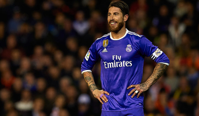 VALENCIA, SPAIN - FEBRUARY 22: Sergio Ramos of Real Madrid reacts during the La Liga match between Valencia CF and Real Madrid at Mestalla Stadium on February 22, 2017 in Valencia, Spain. (Photo by Manuel Queimadelos Alonso/Getty Images)