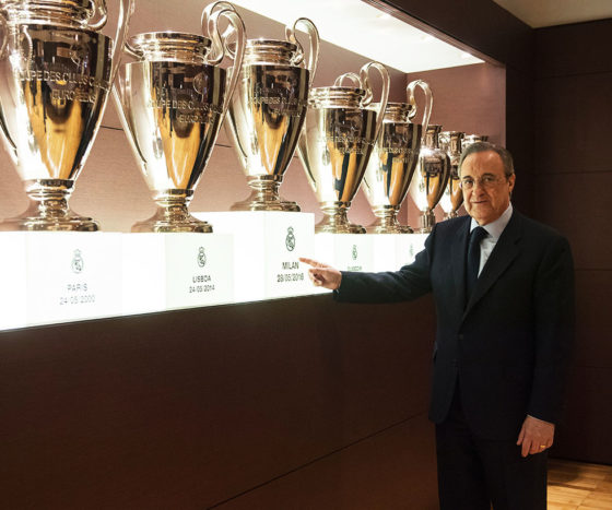 Real Madrid's President Florentino Perez poses during an AFP interview in the trophy room of the Santiago Bernabeu stadium in Madrid, on November 27, 2016. Zinedine Zidane's smooth transition from Real Madrid legend as a player to Champions League winning coach has caught many by surprise, but Real president Florentino Perez believes success was guaranteed by the Frenchman's "love story" with the Spanish giants. / AFP / JAVIER SORIANO (Photo credit should read JAVIER SORIANO/AFP/Getty Images)