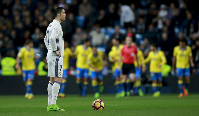 MADRID, SPAIN - MARCH 01: Cristiano Ronaldo of Real Madrid CF reacts as UD las Palmas celebrate their second goal during the La Liga match between Real Madrid CF and UD Las Palmas at Estadio Santiago Bernabeu on March 1, 2017 in Madrid, Spain. (Photo by Gonzalo Arroyo Moreno/Getty Images)