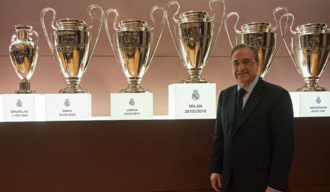 Real Madrid's President Florentino Perez poses during an AFP interview in the trophy room of the Santiago Bernabeu stadium in Madrid, on November 27, 2016. Zinedine Zidane's smooth transition from Real Madrid legend as a player to Champions League winning coach has caught many by surprise, but Real president Florentino Perez believes success was guaranteed by the Frenchman's "love story" with the Spanish giants. / AFP / JAVIER SORIANO (Photo credit should read JAVIER SORIANO/AFP/Getty Images)
