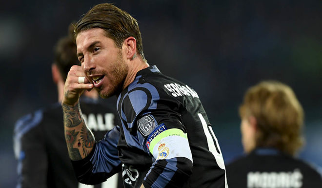 Real Madrid's defender Sergio Ramos celebrates after scoring during the UEFA Champions League football match SSC Napoli vs Real Madrid on March 7, 2017 at the San Paolo stadium in Naples. / AFP PHOTO / Filippo MONTEFORTE (Photo credit should read FILIPPO MONTEFORTE/AFP/Getty Images)