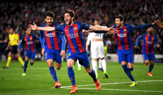 BARCELONA, SPAIN - MARCH 08: Sergi Roberto of Barcelona (20) celebrates as he scores their sixth goal during the UEFA Champions League Round of 16 second leg match between FC Barcelona and Paris Saint-Germain at Camp Nou on March 8, 2017 in Barcelona, Spain. (Photo by Laurence Griffiths/Getty Images)