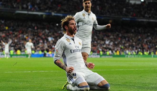 MADRID, SPAIN - MARCH 12: Sergio Ramos of Real Madrid celebrates after scoring Real's 2nd goal during the La Liga match between Real Madrid CF and Real Betis Balompie at Estadio Santiago Bernabeu on March 12, 2017 in Madrid, Spain. (Photo by Denis Doyle/Getty Images)