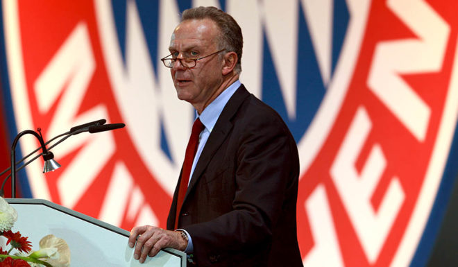 MUNICH, GERMANY - NOVEMBER 18: CEO Karl-Heinz Rummenigge speaks during the FC Bayern Muenchen general meeting at Audi Dome on November 18, 2011 in Munich, Germany. (Photo by Alexander Hassenstein/Bongarts/Getty Images)