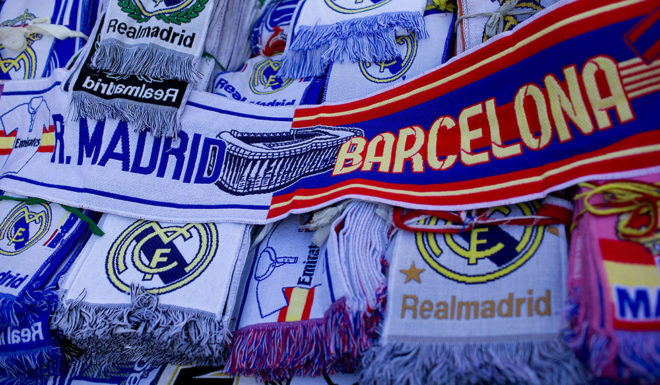 MADRID, SPAIN - OCTOBER 25: erchandise goes on sale prior to kickof the La Liga match between Real Madrid CF and FC Barcelona at Estadio Santiago Bernabeu on October 25, 2014 in Madrid, Spain. (Photo by Gonzalo Arroyo Moreno/Getty Images)