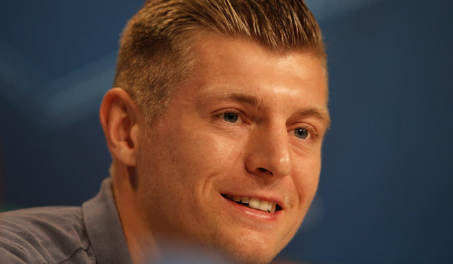 MUNICH, GERMANY - APRIL 11: Toni Kroos of Real Madrid speaks during Real Madrid press conference ahead of their UEFA Champions League Quarter-Final match against Bayern Muenchen at Allianz Arena on April 11, 2017 in Munich, Germany. (Photo by Adam Pretty/Bongarts/Getty Images )
