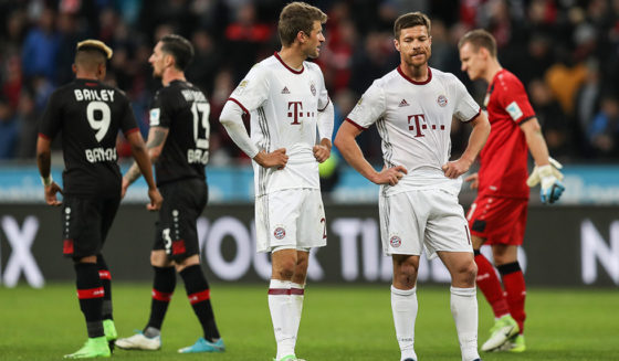 LEVERKUSEN, GERMANY - APRIL 15: Xabi Alonso of Bayern and Thomas Mueller react after the Bundesliga match between Bayer 04 Leverkusen and Bayern Muenchen at BayArena on April 15, 2017 in Leverkusen, Germany. (Photo by Maja Hitij/Bongarts/Getty Images)