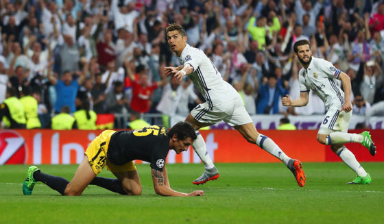 MADRID, SPAIN - MAY 02: Cristiano Ronaldo of Real Madrid (C) celebrates as he scores their second goal during the UEFA Champions League semi final first leg match between Real Madrid CF and Club Atletico de Madrid at Estadio Santiago Bernabeu on May 2, 2017 in Madrid, Spain. (Photo by Lars Baron/Getty Images)