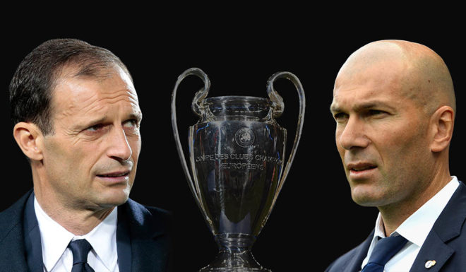 FILE PHOTO (EDITORS NOTE: GRADIENT ADDED) - Image numbers 464313758,674881574,686430224 ) In this composite image a comparision has been made between Juventus FC head coach Massimiliano Allegri and Zinedine Zidane, Head Coach of Real Madrid. Juventus and Real Madrid meet in the UEFA Champions League Final at the National Stadium of Wales on June 3, 2017 in Cardiff,Wales. ***LEFT IMAGE*** BERGAMO, ITALY - APRIL 28: Juventus FC coach Massimiliano Allegri looks on before the Serie A match between Atalanta BC and Juventus FC at Stadio Atleti Azzurri d'Italia on April 28, 2017 in Bergamo, Italy. (Photo by Emilio Andreoli/Getty Images) ***RIGHT IMAGE*** MALAGA, SPAIN - MAY 21: Zinedine Zidane, Manager of Real Madrid looks on during the La Liga match between Malaga and Real Madrid at La Rosaleda Stadium on May 21, 2017 in Malaga, Spain. (Photo by Aitor Alcalde/Getty Images)