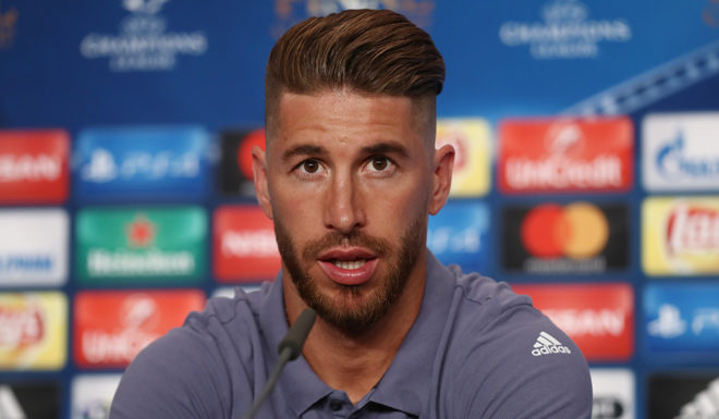 CARDIFF, WALES - JUNE 02: In this handout image provided by UEFA, Sergio Ramos of Real Madrid talks during a press conference prior to the UEFA Champions League Final between Juventus and Real Madrid at the National Stadium of Wales on June 2, 2017 in Cardiff, Wales. (Photo by Handout/UEFA via Getty Images)