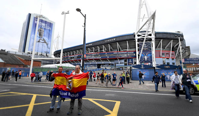 CARDIFF, WALES - JUNE 02: Two Real Madrid fans are seen outside the stadium prior to the UEFA Champions League Final between Juventus and Real Madrid at the National Stadium of Wales on June 2, 2017 in Cardiff, Wales. (Photo by Shaun Botterill/Getty Images)