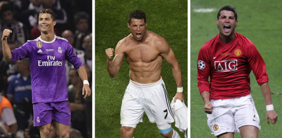 (LtoR) A combo of photos shows Portuguese striker Cristiano Ronaldo celebrating after scoring during UEFA Champions League final football matches with Real Madrid on June 3, 2017, on May 24, 2014 and with Manchester United on May 21, 2008. Cristiano Ronaldo on June 3, 2017 became the first football player to score in three Champions league final games. / AFP PHOTO (Photo credit should read JAVIER SORIANO,YURI KADOBNOV,FRANCISCO LEONG/AFP/Getty Images)