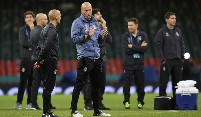 CARDIFF, WALES - JUNE 02: Zinedine Zidane, Manager of Real Madrid looks on during a Real Madrid training session prior to the UEFA Champions League Final between Juventus and Real Madrid at the National Stadium of Wales on June 2, 2017 in Cardiff, Wales. (Photo by Matthias Hangst/Getty Images)