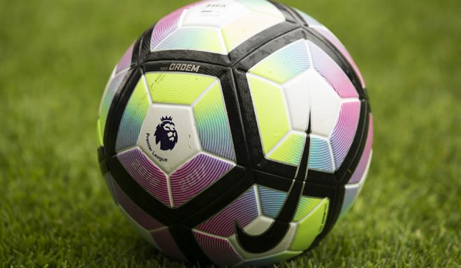 The 2016-2017 English Premier League logo is seen on the match ball ahead of the pre-season friendly football match between Wigan Athletic and Manchester United at the DW stadium in Wigan, northwest England, on July 16, 2016. / AFP / JON SUPER / RESTRICTED TO EDITORIAL USE. No use with unauthorized audio, video, data, fixture lists, club/league logos or 'live' services. Online in-match use limited to 75 images, no video emulation. No use in betting, games or single club/league/player publications. / (Photo credit should read JON SUPER/AFP/Getty Images)