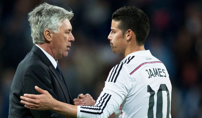 MADRID, SPAIN - APRIL 18: Head coach Carlo Ancelotti (L) of Real Madrid CF shakes hands with his player James Rodriguez (R) after the La Liga match between Real Madrid CF and Malaga CF at Estadio Santiago Bernabeu on April 18, 2015 in Madrid, Spain. (Photo by Gonzalo Arroyo Moreno/Getty Images)