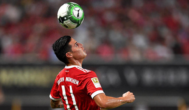 Bayern Munich's midfielder James Rodriguez vies for the ball during the International Champions Cup football match between Bayern Munich and Arsenal in Shanghai on July 19, 2017. / AFP PHOTO / Johannes EISELE (Photo credit should read JOHANNES EISELE/AFP/Getty Images)