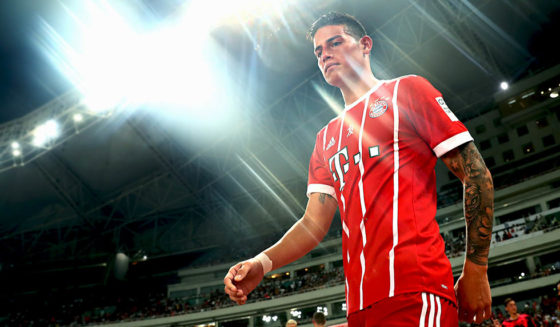 SHANGHAI, CHINA - JULY 19: (EDITORS NOTE: STAR EFFECT FILTER USED TO CREATE THIS PICTURE!) James Rodriguez of Bayern Muenchen enters the field of play for the Audi Football Summit 2017 match between Bayern Muenchen and Arsenal FC at Shanghai Stadium during the Audi Summer Tour 2017 on July 19, 2017 in Shanghai, China. (Photo by Alexander Hassenstein/Bongarts/Getty Images)