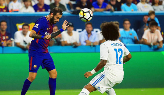 MIAMI GARDENS, FL - JULY 29: Aleix Vidal #22 of Barcelona controls the ball against Marcelo #12 of Real Madrid in the first half during their International Champions Cup 2017 match at Hard Rock Stadium on July 29, 2017 in Miami Gardens, Florida. (Photo by Chris Trotman/Getty Images)