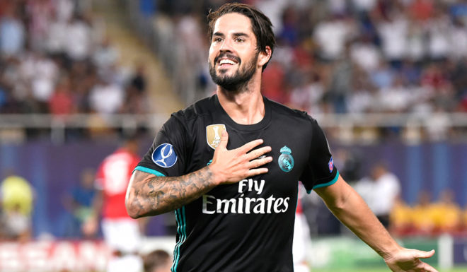 Real Madrid's Spanish midfielder Isco celebrates after scoring a goal during the UEFA Super Cup football match between Real Madrid and Manchester United on August 8, 2017, at the Philip II Arena in Skopje. / AFP PHOTO / Dimitar DILKOFF (Photo credit should read DIMITAR DILKOFF/AFP/Getty Images)