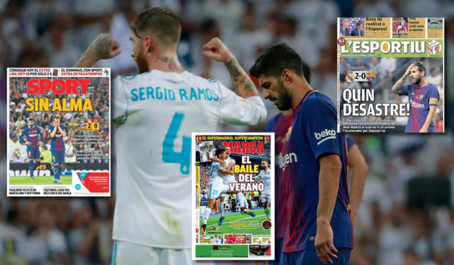 MADRID, SPAIN - AUGUST 16: Sergio Ramos (L) of Real Madrid CF celebrates ahead Luis Suarez (R) of FC Barcelona after winning the Supercopa de Espana Final 2nd Leg match between Real Madrid and FC Barcelona at Estadio Santiago Bernabeu on August 16, 2017 in Madrid, Spain. (Photo by Gonzalo Arroyo Moreno/Getty Images)