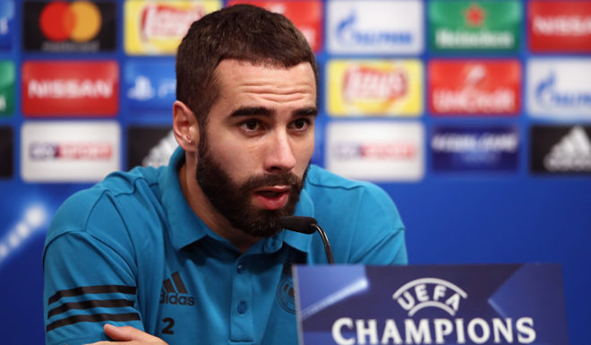 DORTMUND, GERMANY - SEPTEMBER 25: Dani Carvajal attends a Real Madrid press conference ahead of their UEFA Champions League Group H match against Borussia Dortmund at Signal Iduna Park on September 25, 2017 in Dortmund, Germany. (Photo by Alex Grimm/Getty Images)