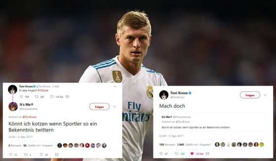 MADRID, SPAIN - AUGUST 23: Toni Kroos of Real Madrid CF looks on during the Santiago Bernabeu Trophy match between Real Madrid CF and ACF Fiorentina at Estadio Santiago Bernabeu on August 23, 2017 in Madrid, Spain. (Photo by Denis Doyle/Getty Images)