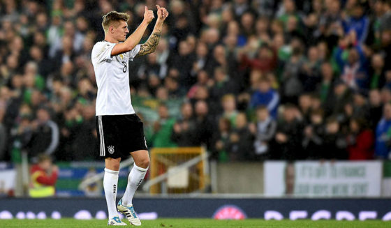 BELFAST, NORTHERN IRELAND - OCTOBER 05: Toni Kroos of Germany gives a thumbs up to the German fans after the FIFA 2018 World Cup Qualifier between Northern Ireland and Germany at Windsor Park on October 5, 2017 in Belfast, Northern Ireland. (Photo by Charles McQuillan/Getty Images)