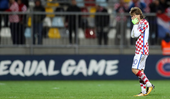 Croatia's midfielder Luka Modric reacts at the end of the FIFA World Cup 2018 qualification football match between Croatia and Finland in Rijeka on October 6, 2017. / AFP PHOTO / STRINGER (Photo credit should read STRINGER/AFP/Getty Images)