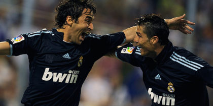 Real Madrid's Raul Gonzalez ( L ) celebrates his goal with teammate Portuguese forward Cristiano Ronaldo against Zaragoza during their Spanish League football match at Romareda stadium in Zaragoza on April 24, 2010. AFP PHOTO / DANI POZO (Photo credit should read Dani Pozo/AFP/Getty Images)