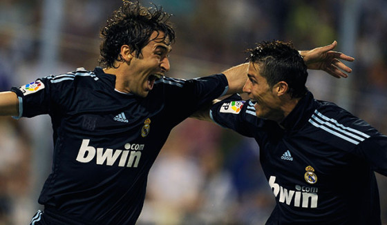 Real Madrid's Raul Gonzalez ( L ) celebrates his goal with teammate Portuguese forward Cristiano Ronaldo against Zaragoza during their Spanish League football match at Romareda stadium in Zaragoza on April 24, 2010. AFP PHOTO / DANI POZO (Photo credit should read Dani Pozo/AFP/Getty Images)