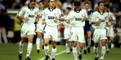 19 Sep 1998: The Real Madrid captain Manuel Sanchis leads his team onto the field to start a match against Barcelona in Madrid, Spain. The game ended in a draw 2-2. Mandatory Credit: Clive Mason /Allsport