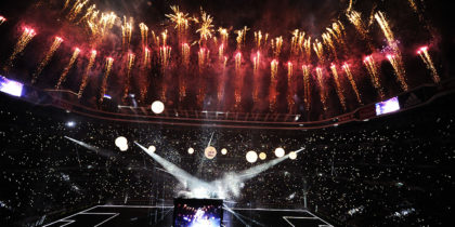 Fireworks explode during Real Madrid celebrations for their 11th UEFA Champions Cup at the Santiago Bernabeu stadium in Madrid on May 29, 2016, a day after winning the UEFA Champions League final foobtall match between Real Madrid CF, Club Atletico de Madrid held in Milan, Italy on May 28, 2016. / AFP / CURTO DE LA TORRE (Photo credit should read CURTO DE LA TORRE/AFP/Getty Images)