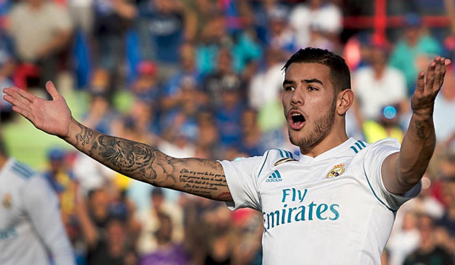 GETAFE, SPAIN - OCTOBER 14: Theo Hernandez of Real Madrid CF protests after his goal was disallowed during the La Liga match between Getafe and Real Madrid at Coliseum Alfonso Perez on October 14, 2017 in Getafe, Spain. (Photo by Denis Doyle/Getty Images)