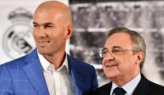 Real Madrid's new French coach Zinedine Zidane (L) poses with Real Madrid's president Florentino Perez after a statement at the Santiago Bernabeu stadium in Madrid on January 4, 2016. Rafael Benitez's unhappy reign in charge of Real Madrid came to an end after just seven months and 25 games when he was sacked and replaced by club legend Zinedine Zidane today. / AFP / GERARD JULIEN (Photo credit should read GERARD JULIEN/AFP/Getty Images)