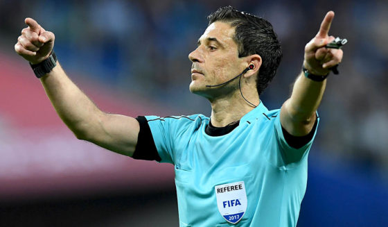 Serbian referee Milorad Mazic officiates the 2017 Confederations Cup final football match between Chile and Germany at the Saint Petersburg Stadium in Saint Petersburg on July 2, 2017. / AFP PHOTO / FRANCK FIFE (Photo credit should read FRANCK FIFE/AFP/Getty Images)