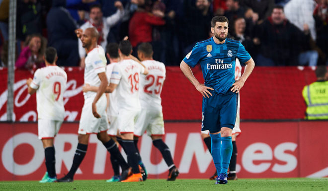 SEVILLE, SPAIN - MAY 09: Nacho Fernandez of Real Madrid CF reacts during the La Liga match between Sevilla FC and Real Madrid at Ramon Sanchez Pizjuan stadium on May 9, 2018 in Seville, Spain. (Photo by Aitor Alcalde/Getty Images)
