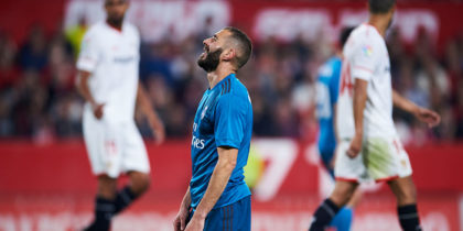 SEVILLE, SPAIN - MAY 09: Karim Benzema of Real Madrid CF reacts during the La Liga match between Sevilla FC and Real Madrid at Ramon Sanchez Pizjuan stadium on May 9, 2018 in Seville, Spain. (Photo by Aitor Alcalde/Getty Images)
